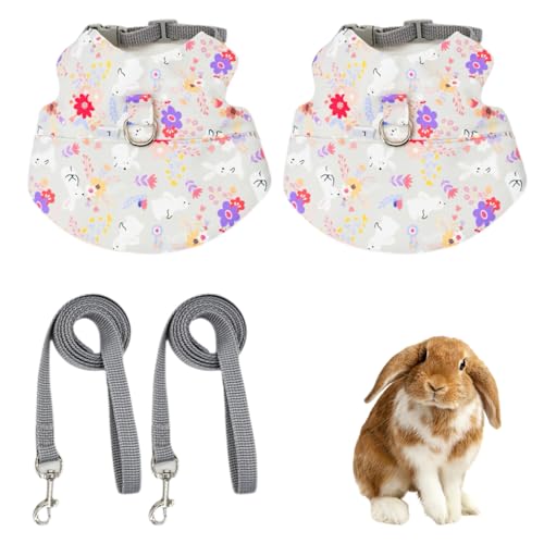 Image of 2 Sets Rabbit Harness and Leash, Cute Adjustable Bunny Clothes Harness Escape Proof Pet Supply (Grey, L)