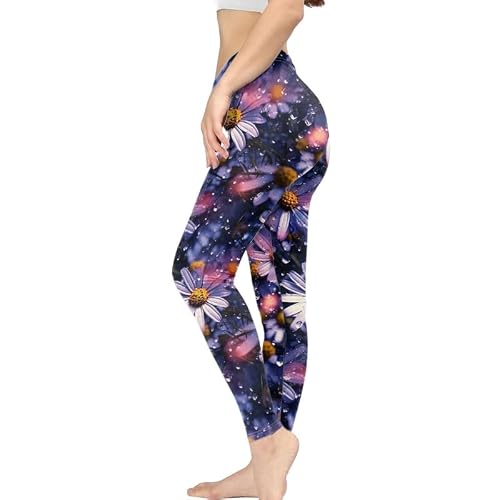 Image of Irisjudy - High Waist Yoga Pants for Women Stretchy Flower Leggings Boho Skinny Pants Ankle Length Leggings XS-3XL, Daisies Flowers Navy Blue, M