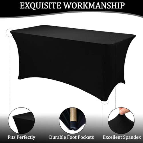 Image of 2 Pack 6FT Spandex Table Covers Washable Wrinkle Resistant Stretch Table Cloth for Folding Table Wedding Party Birthday Banquet Bar Events(Black)