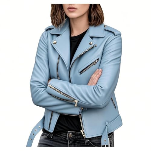 Veste de motard femme mince similicuir bleu clair avec fermeture éclair S