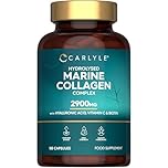 Marine Collagen Capsules 2900mg with Hyaluronic Acid | Type 1 Hydrolysed Peptides | 100% Marine Collagen | with Vitamin C, E, Biotin, Zinc, Turmeric Extract & Black Pepper | 180 Count | by Carlyle