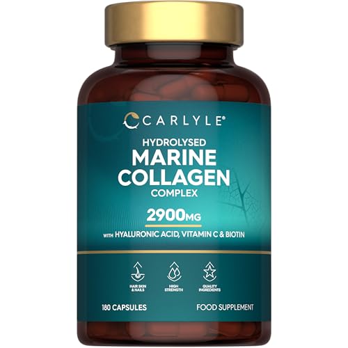 Marine Collagen Capsules 2900mg with Hyaluronic Acid | Type 1 Hydrolysed Peptides | 100% Marine Collagen | with Vitamin C, E, Biotin, Zinc, Turmeric Extract & Black Pepper | 180 Count | by Carlyle