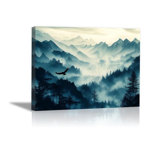Toile forêt brumeuse et montagnes bleues pour créer une ambiance zen dans votre salle de bain