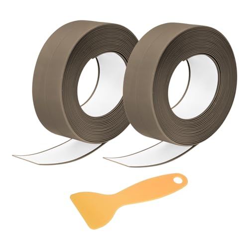 Image of Uxcell 2 Rolls Caulk Tape, 0.9 inch x 10.5Ft PVC Waterproof Self-Adhesive Sealing Strip for Kitchen Bathroom Toilet Sink Floor Corner Edge With Sealing Tool, Brown