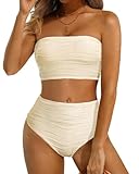 High Waisted Bandeau Bikini Set - Women Strapless Two Piece Swimsuits Ribbed Longline Full Coverage Bathing Suits Swimwear Beige