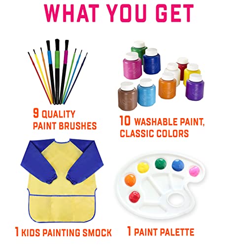 Washable Kids Paint Set 10 Count, 9 Paint Brushes For Kids, Paint Pallet, Toddler Smock – Washable Paint For Kids, Kids Paint Supplies Washable Paint, 21 Piece Set #TOP1