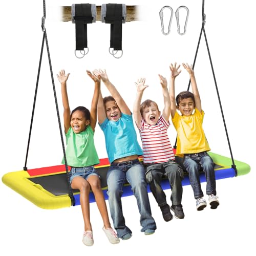 60'' Rectangle Platform Tree Swing for Kids and Adults, Giant Flying Swing with Adjustable Hanging Strap, Waterproof Textilene Fabric Tear & UV Resistant, Swings Set for Backyard Garden