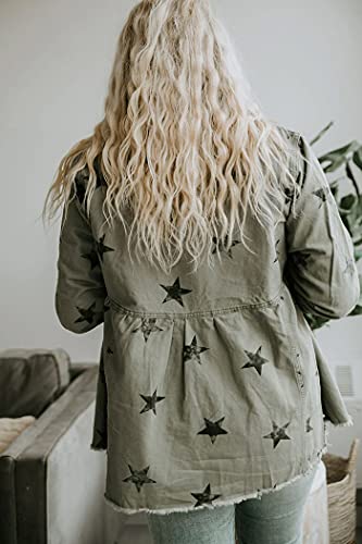 chouyatou Women's Casual Frayed Raw Hem Star Print Mid Long Peplum Denim Jacket2