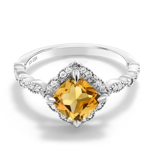 Gem Stone King 1.74 Cttw Yellow Citrine and White Moissanite Solitaire Ring For Women | 925 Sterling Silver | Cushion Cut 7MM | Gemstone Birthstone | Available In Size 5, 6, 7, 8, 9
