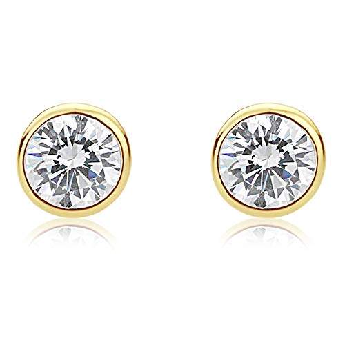14K Gold Stud Scewback Earring Cubic Zirconia 5Mm Round Bezel Yellow Gold Earring For Children & Women(0.5 Carats) #TOP4