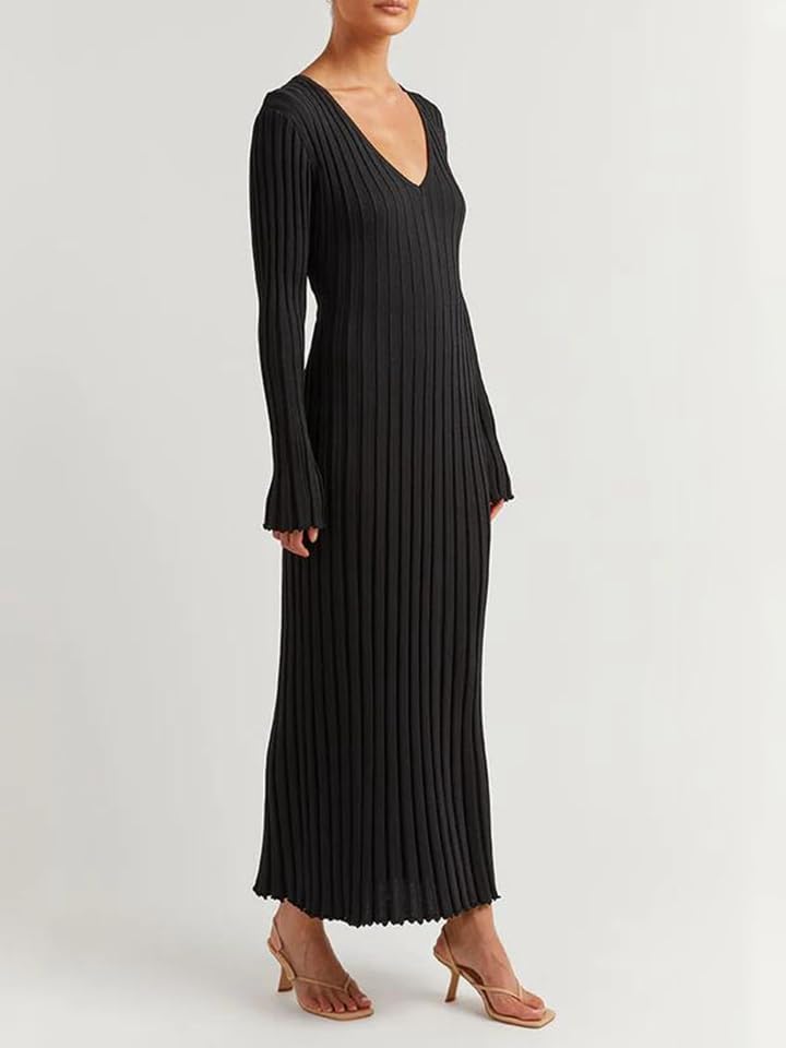 Image of Women's Long Knit Crewneck Sweater Dress Tie Waist A-Line Swing Pleated Bodycon