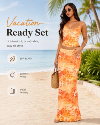 Image of Two Piece Skirt Set Women Maxi Long Skirt and Top Outfit | Soft stretchy 5 pc, slim bodycon, adjustable spaghetti straps, ruched crop tank, elastic waist, going out, beach vacation
