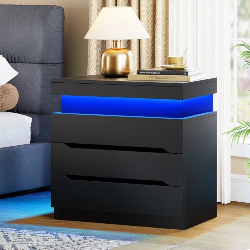 Image of TEENFON Night Stand with 3 Drawers, Nightstand with App-Controlled Adjustable LED Light, Bedside Table with Slidable Hidden Storage Space, Modern Nightstands for Bedroom,Black