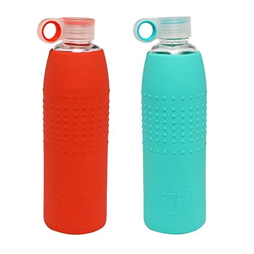 izizi Glass Water Bottle with Silicone Sleeve 1000ml Red & Green