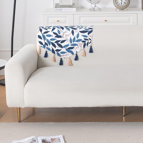 Image of HOKIPO Premium Sofa Backrest Cover Mat | Printed Holland Velvet with Tassels | 'Whispers of Nature' Indigo Foliage (IN-1116-D10)