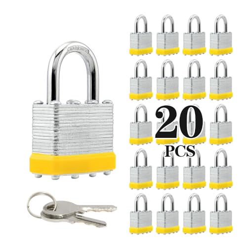 Image of Laminated Steel Keyed Padlocks, 20 Pack, Keyed Alike, Normal Shackle, 1-9 /16 inch (40mm),Yellow Hoop, for Hasp Latch, Sheds, Fences, Storage Locker, Gym