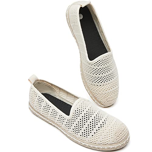 BABUDOG Women's Breathable Mesh Flats Shoes, Soft Loafers Flats, White Slip on Shoes Loafers(Beige.US8)