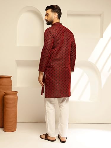 Image of SOJANYA (Since 1958 Men's Jacquard Silk Contrast Red Thread Woven Design Kurta With Pyjama