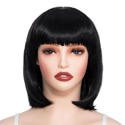 Image of Rose bud Black Wig Bob Straight 12 Inch Short Hair Cosplay Wigs for Women Costume Party Halloween