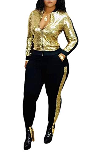 Women 2 Piece Night Clubwear Outfits Long Sleeve Top Metallic Shiny Pants Glitter Clubwear Sets Golden M
