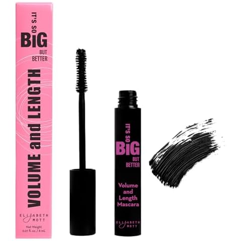 Elizabeth Mott Black Volumizing Smudge-Proof Mascara-Cruelty Free Lengthening Fiber Mascara with Hourglass Wand-Water Resistant, No Clump, Amazing Eyelashes, Safe with Lash Extensions, Full-Size 8 ml Cover