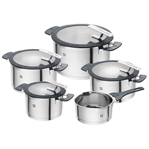 ZWILLING Simplify Set di pentole in acciaio inox, 5 Pezzi, Con fori integrati nel coperchio, Anche per piani a induzione, Argento-Nero