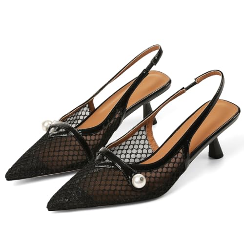 Kalstage Women’s Mesh Slingback Kitten Heels Pointed Toe Pumps Low Heel Black Lace Pearl Shoes Ankle Elastic Band Stilettos for Wedding Office Party