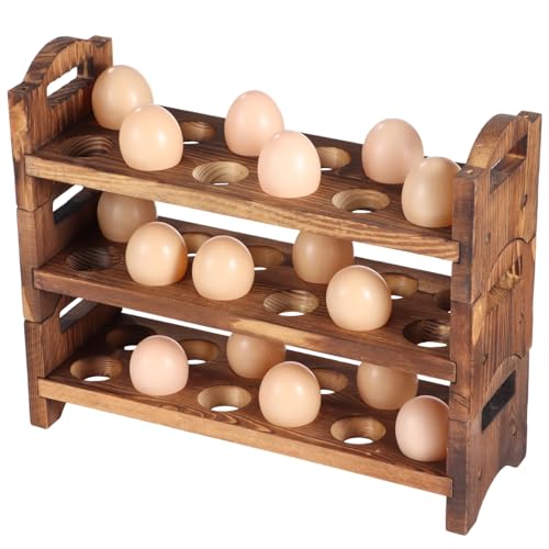 3 Tier Stackable Egg Rack, Wooden Countertop Egg Holder Holds 36 Eggs, Dark Brown Fresh Eggs Organizer, Stackable Quail Egg Sorter Storage Trays for Duck, Turkey, Chicken Egg