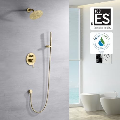 sumerain Brushed Gold Shower Faucet System with high pressure 8 Inches rain shower head and brass hand shower, Rough-In Valve Body and Trim Included by sumerain - Used condition - US$133.12