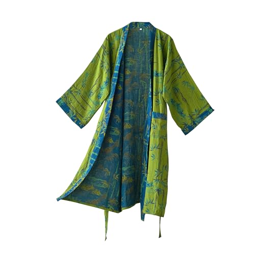 Purefair 100% Cotton Gauze Bamboo Leaf Kimono Robe Long Knit Loose Loungewear Bathrobe Nightgown Ladies Sleepwear for Women