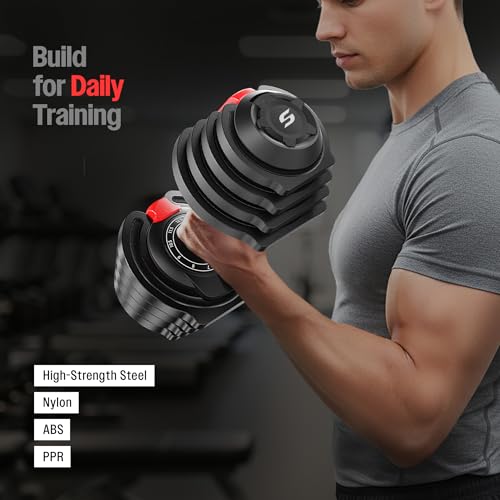 Image of Sparnod Fitness SAD 12.5 Adjustable Dumbbells 12.5kg (Set of 2) with 11 Weight Increments (1.5-12.5kg), One-Hand Quick Adjustment Safety Lock & Storage Rack, Ergonomic Non-Slip Grip, Premium Steel Build