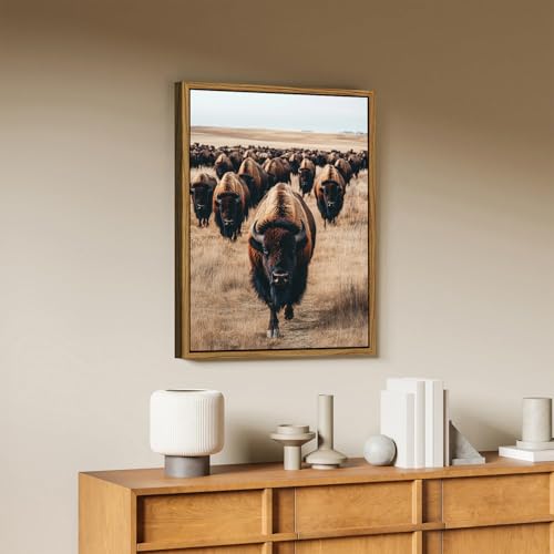 Image of Buffalo Wall Art Western Bison Cow Pictures Wall Decor Framed American Bison Herd Decor Rustic Wildlife Animals Canvas Prints Farmhouse Cabin Lodge Decor for Living Room Bedroom Home Decoration 16x24
