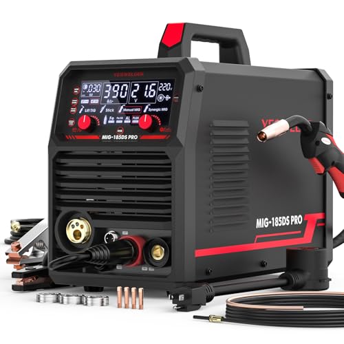 YESWELDER 185A MIG Welder, 110V/220V Dual Voltage, Flux Core MIG/Gas MIG/Spool Gun MIG/Lift TIG/Stick 5 in 1 Multi-process, LED Digital Display Synergic Control Aluminum Welding Machine