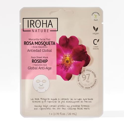 Iroha Nature - Mascarilla Facial Antiedad Global con Rosa Mosqueta y Ácido Hialurónico | Combate Arrugas y Marcas | Firmeza y Elasticidad | Mascarillas Faciales para una Piel Radiante