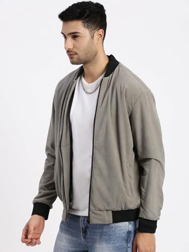 Image of SHOWOFFFF Men Solid Bomber Jacket | Mandarin Collar Full Sleeves Corduroy Jacket for Mens | Slim Fit Regular Length Jacket for Men's