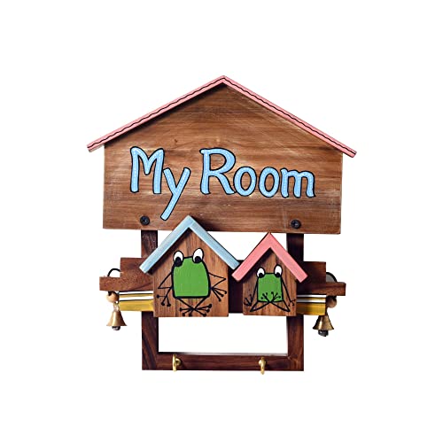 Image of AAKRITI ART CREATIONS Key Holder, My Room Key Hanger for Kids Room | Rustic Teak Wood Wall Organizer with 2 Hooks | New Home Gifts | Multifunctional Entryway Decor Item