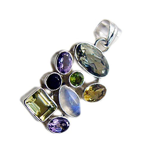 Pendentif Argent et Multi Gemmes pour femme, médaillon artisanal style cluster