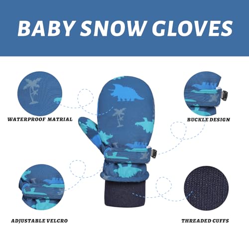 Image of Urban Virgin Toddler Waterproof Outdoor Infant Mittens Baby Winter Gloves Dino Cuffed Warm Fleeced Kids Ski Gloves For Teens E1307 Navy Blue M(3T-5T)