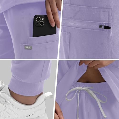 YEZEX Women's Medical Scrub Set, V-Neck Top & Jogger Pants, 10 Pockets, Light Purple — view 5