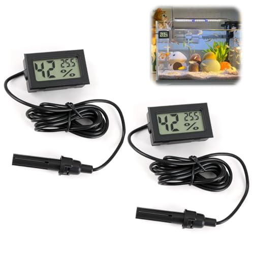 Digital Thermometer Hygrometer,Pack of 2 LCD Embedded Mini Probe Tortoise Thermometers Temperature Humidity Gauge Meter for Reptile Incubator Aquarium Poultry office Living Room Black