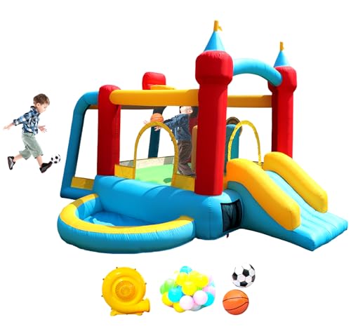 WELLFUNTIME Inflatable Bounce House with Slide, Jumping Castle with Blower and Wave Pool, Basketball Rim, Football Goal