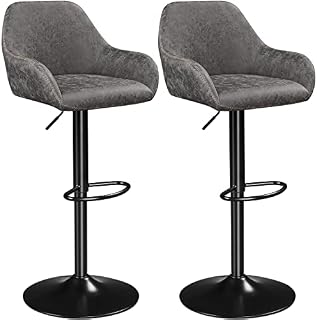 Yaheetech Set of 2 Bar Stools Height Adjustable Swivel Barstools PU Leather Upholstered Bar Chair with Backrest, Armrests and Footrest for Home Kitchen Gray