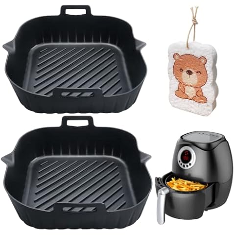2Pcs Air Fryer Silicone Liner Pot Reusable Air Fryer Basket Heat Resistant Non-Stick Food Tray Mats Bowl with Handle 8" Baking Pan Silicone Rack for Kitchen Air Fryer Oven Microwave Baking Roasting Cover