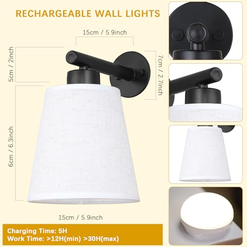 Image of Battery Operated Wall Sconce Set of 2,Gold Rechargeable Wall Lights with Lampshade Dimmable RGB Bulbs and Remote,15 Colors Wireless Wall Lamps for Bedroom Living Room (Black)