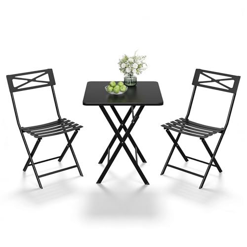 GarveeTech 3-Piece Folding Bistro Set, Heavy Duty Outdoor Patio Furniture with 2 Chairs & 1 Table, Weather-Resistant Steel Frame, No Assembly Required for Garden, Yard, Balcony,Black