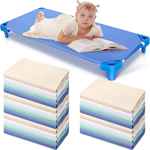 Image of Macarrie 20 Pcs Cot Sheets for Daycare Bulk - 23 inch x 51 inch, Standard Pure Cotton Soft Breathable Fitted Crib Sheet for Child Boys Girls Daycare Essential for Toddler Preschool(Multiple Colors,Cute Style)