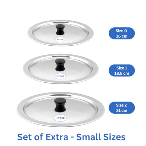 Image of Glossy Steel Lids for Utensils with Knobs | Melt-Free with a Good Gripsteel Lid for Kadai and Other Utensils | Round, Rust Resistant Steel (3 Pcs Set, Extra - Small)