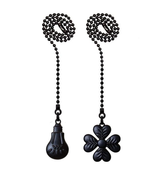 Image of Ceiling Fan Pull Chain Set, 2 Pcs Bulb and four-leaf Pattern Pull Chain Extension Fan Pull Chain Pendant 12 Inch Ceiling Fan Chain Extender (Black)