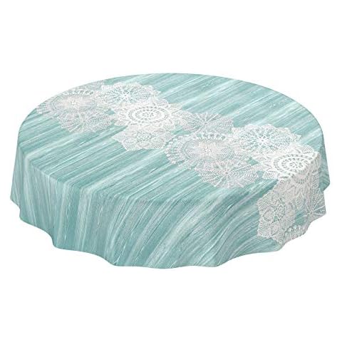 Oilcloth Tablecloth Washable Garden Tablecloth Oilcloth Round Oval Square Indoor Outdoor Wood with Crochet Lace Runner Turquoise Round 100 cm Cover