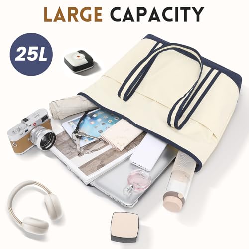Image of Large Canvas Tote Bag for Women, Beach Bag with Zipper, Utility Tote Bag with 3 Front Pockets, Weekender Pool Bag